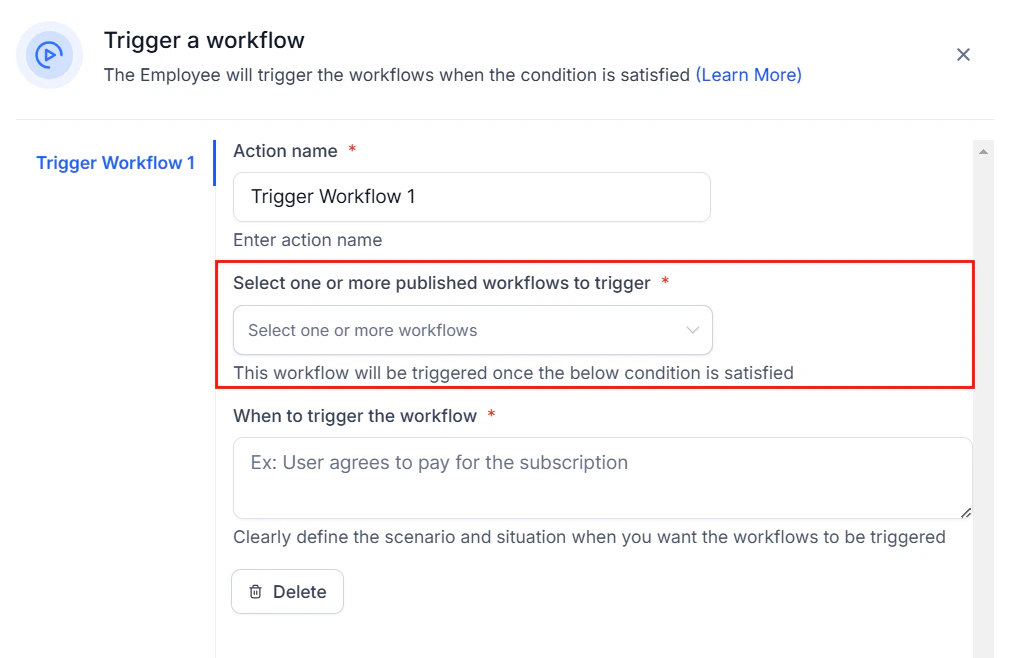 Dropdown to select which workflow the AI agent should trigger