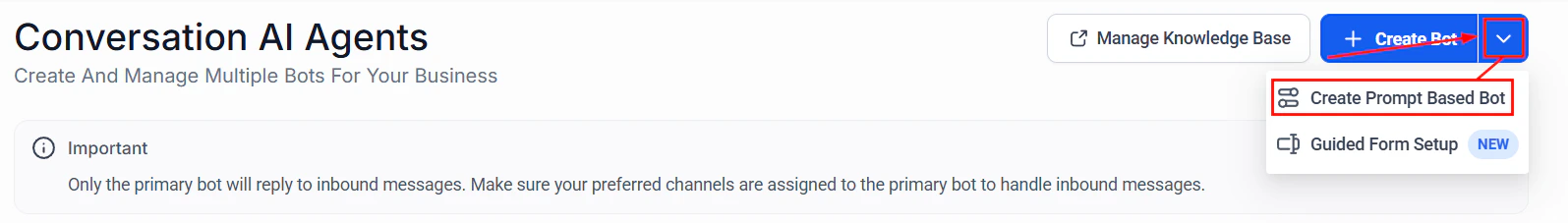 Human handover action setup showing escalation options