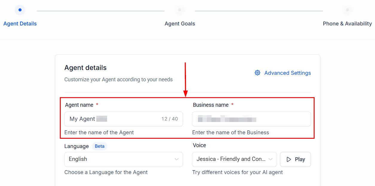 Agent name field in the Voice AI setup wizard