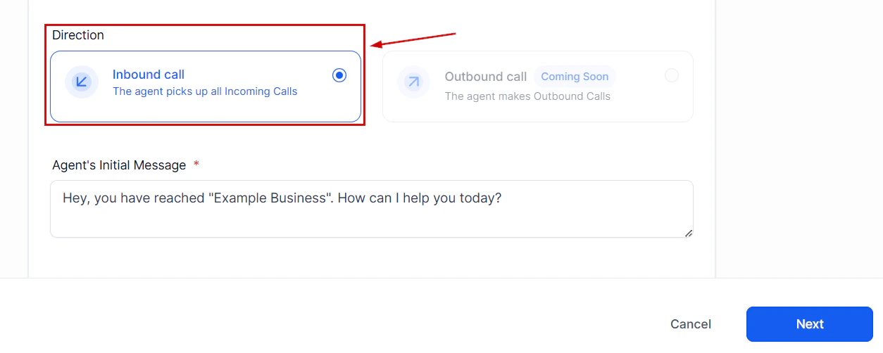 Call direction setting showing inbound, outbound, or both options