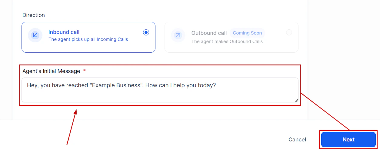 Greeting message configuration for Voice AI receptionist