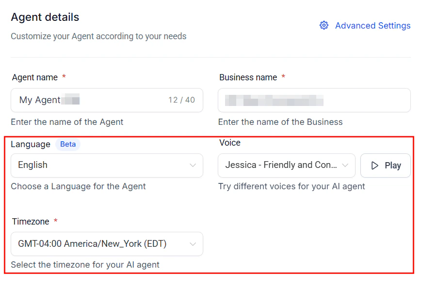 Language and voice picker showing available options