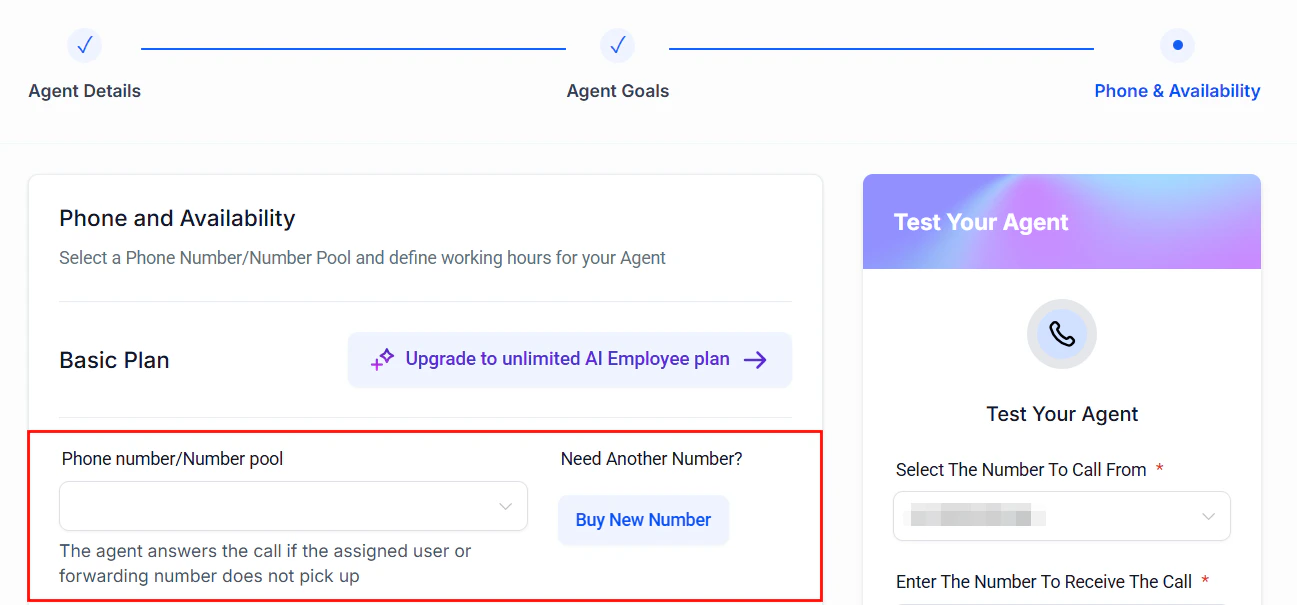 Phone number assignment step during agent creation