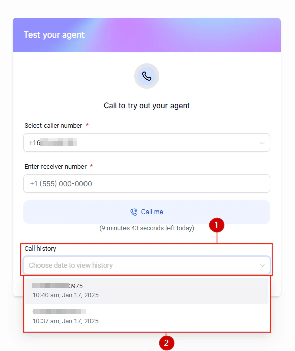Voice AI call history with timestamps, status, and duration