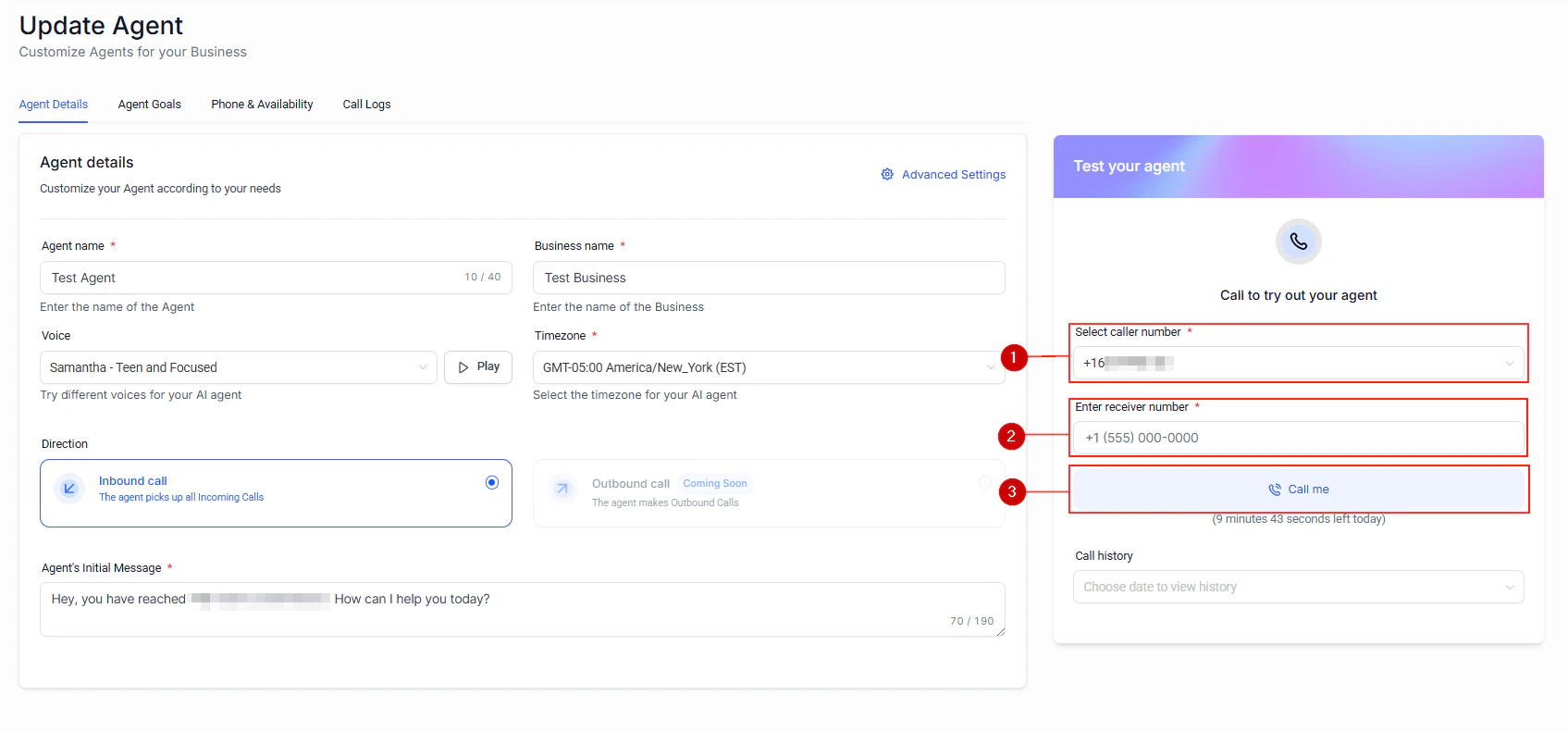 Call Me button in the Voice AI agent testing interface