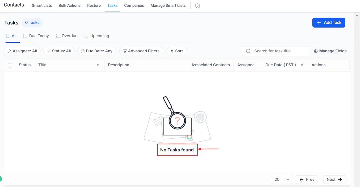 Tasks list with column details