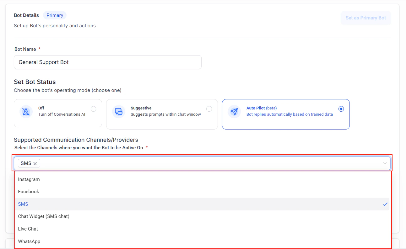 Channel assignment panel showing SMS, Facebook, Instagram, WhatsApp, and web chat toggles