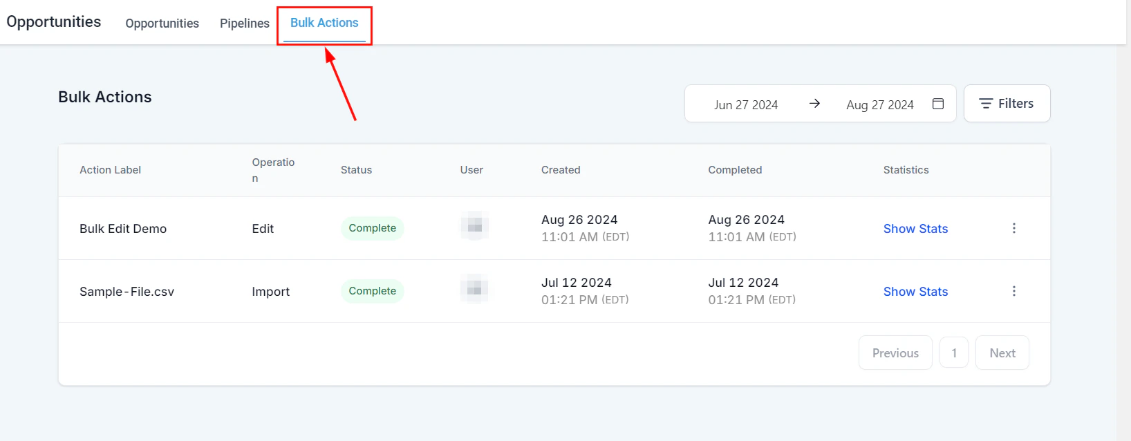 Bulk actions menu for opportunities