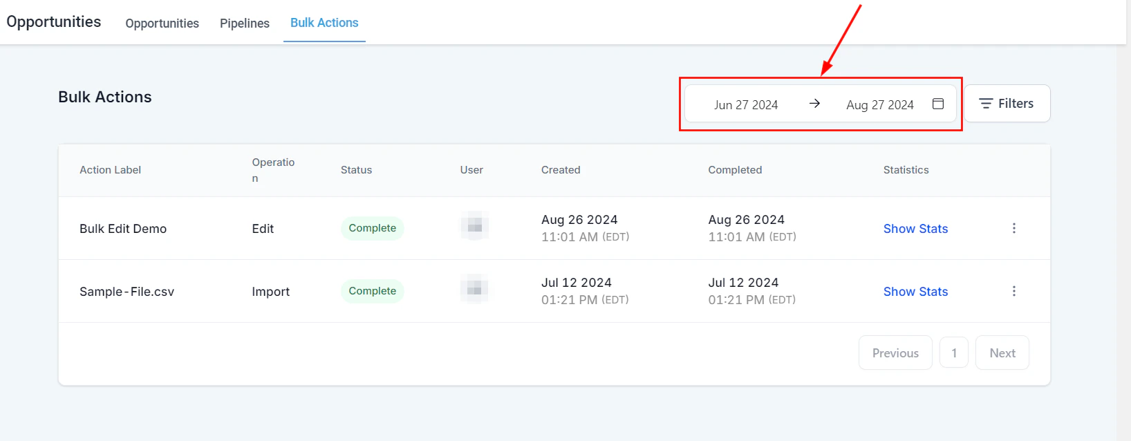 Date range filter for opportunity bulk actions