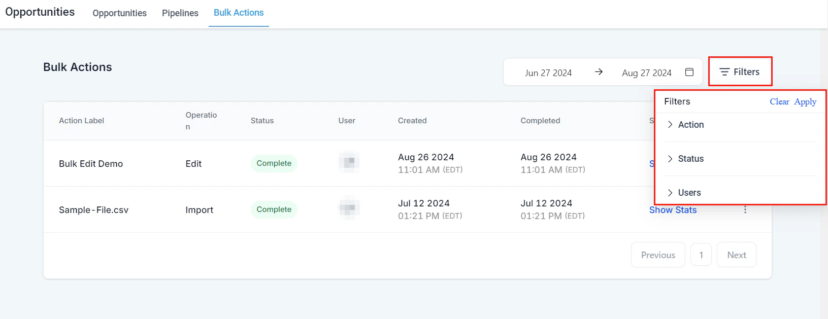Opportunity filter options