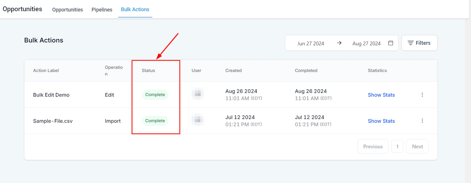 Status filter for opportunities