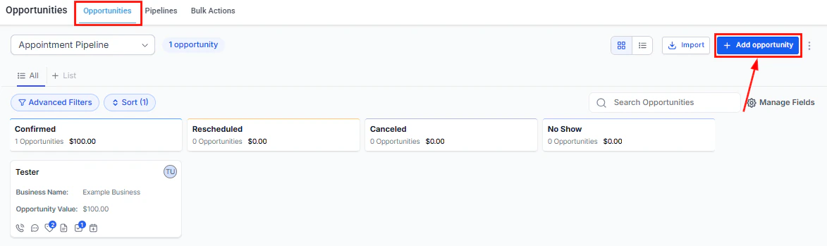 + Add Opportunity button