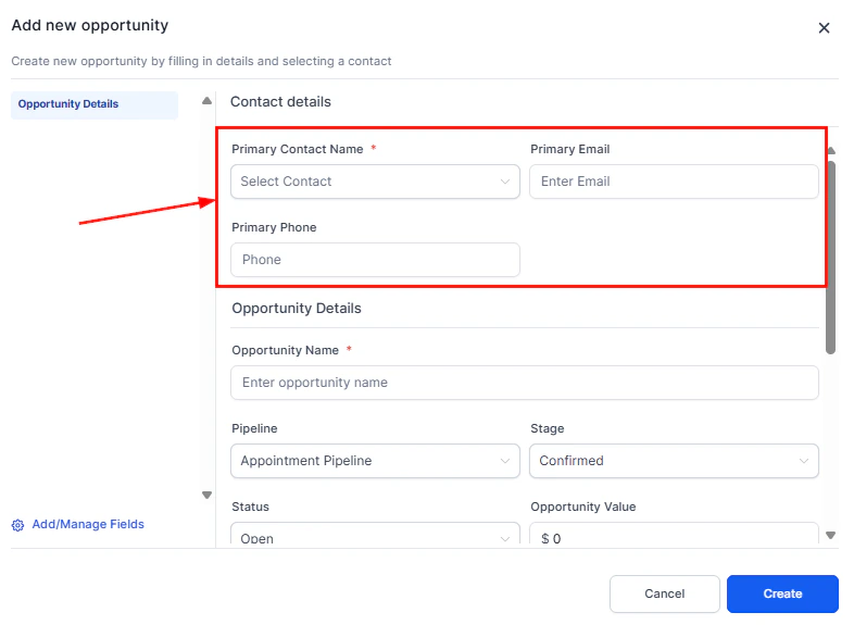 Primary opportunity fields in creation form