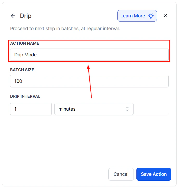 Drip action settings panel with batch size and drip interval fields