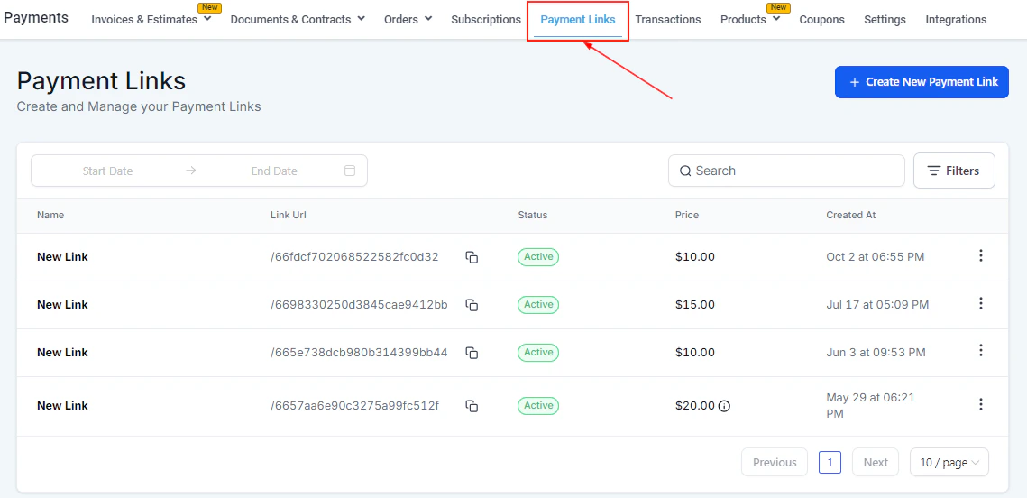 Payment links dashboard