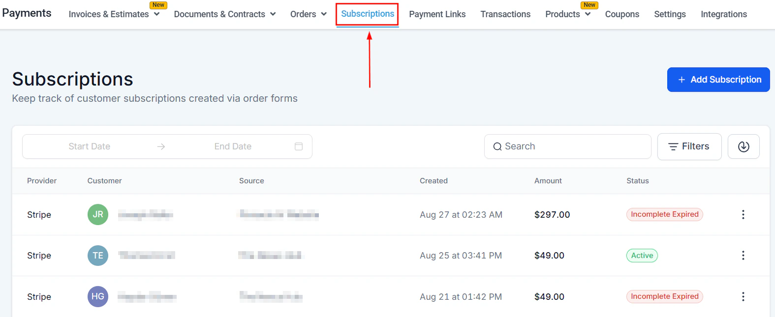 Subscriptions dashboard