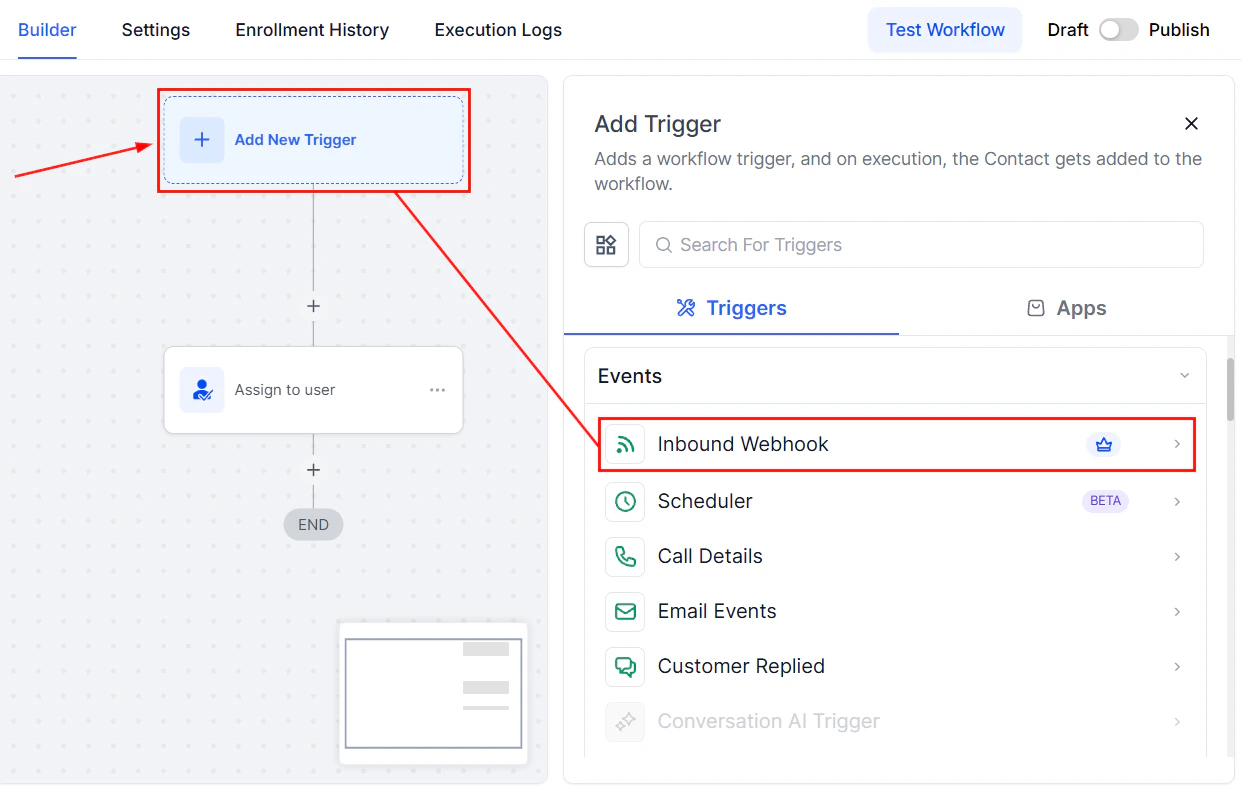 Workflow builder showing the Add Trigger panel with Inbound Webhook selected