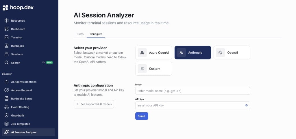 AI Session Analyzer Configure tab with provider selection