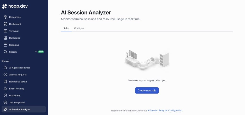 AI Session Analyzer Rules tab with the Create new rule button