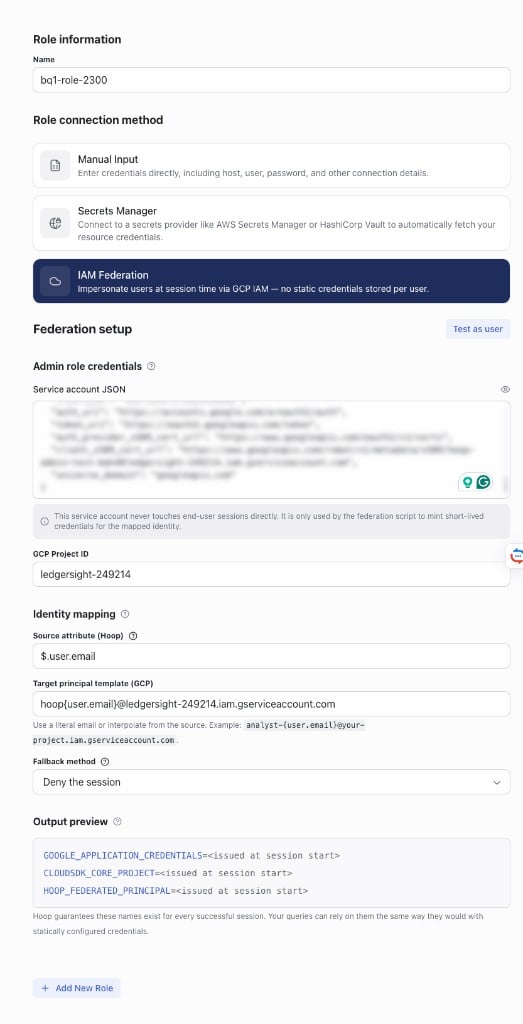 Connection form with IAM Federation selected, showing Admin role credentials, GCP Project ID, Identity mapping, and Output preview sections