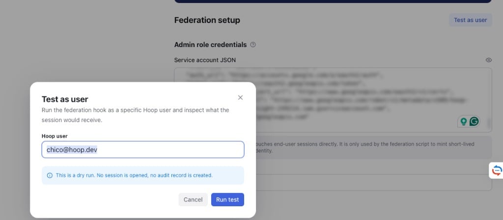 Test as user dialog with a Hoop user email field and a note that it is a dry run with no session opened and no audit record created
