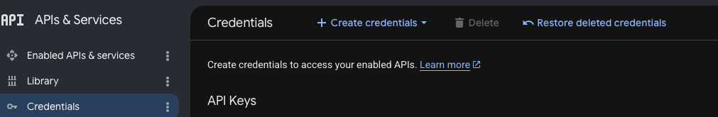 GCP APIs & Services Credentials page with the Create credentials button highlighted