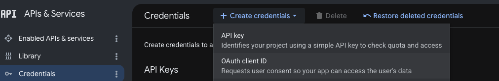 Create credentials dropdown showing API key and OAuth client ID options, with OAuth client ID selected