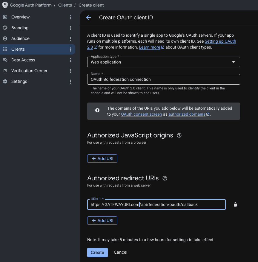 Create OAuth client ID form with Web application type, a name, and the authorized redirect URI pointing at /api/federation/oauth/callback