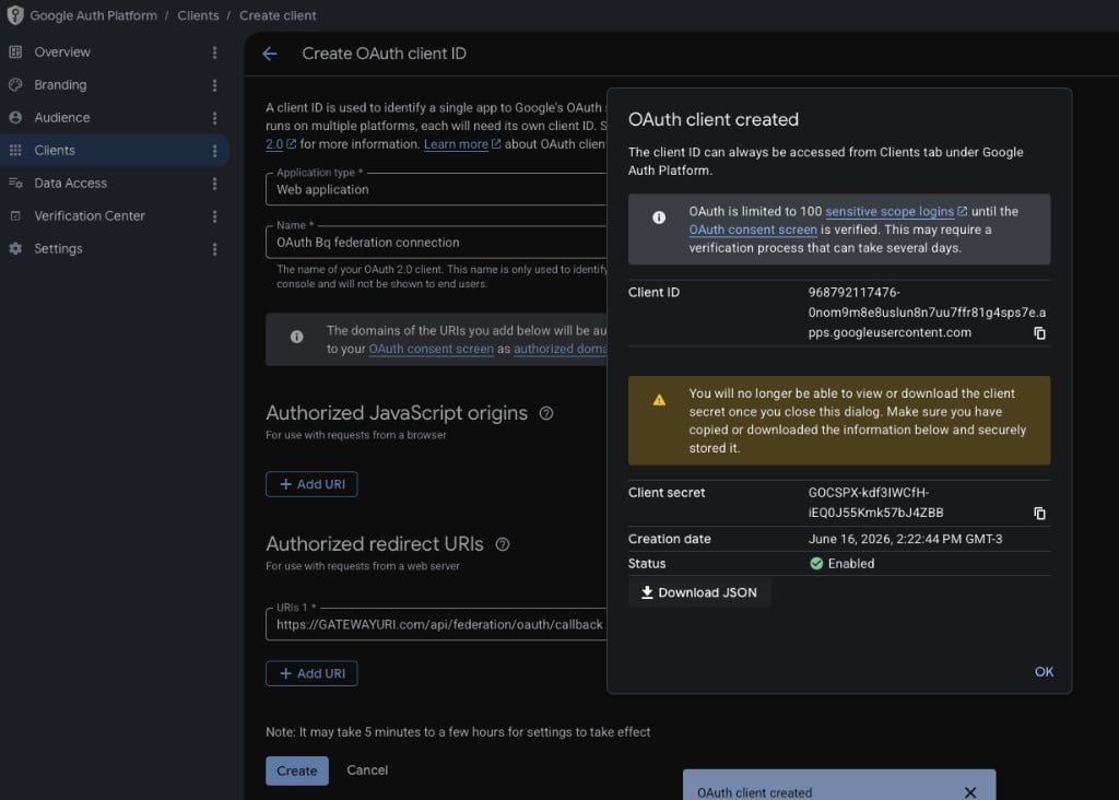 OAuth client created dialog showing the Client ID, Client secret, and a Download JSON button