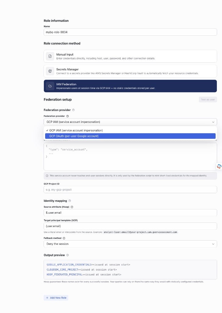Hoop connection form with IAM Federation selected and the Federation provider dropdown open, showing GCP OAuth (per-user Google account)