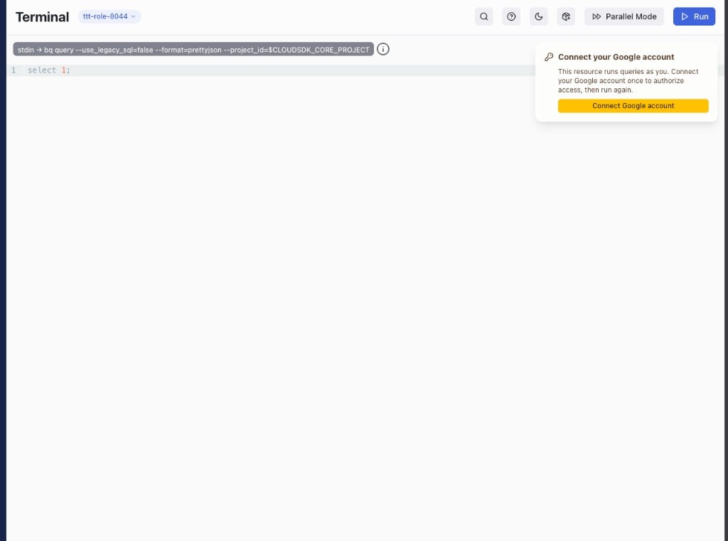 Hoop web terminal running a bq query against a gcp_oauth connection, with a Connect your Google account callout explaining the resource runs queries as you and a Connect Google account button