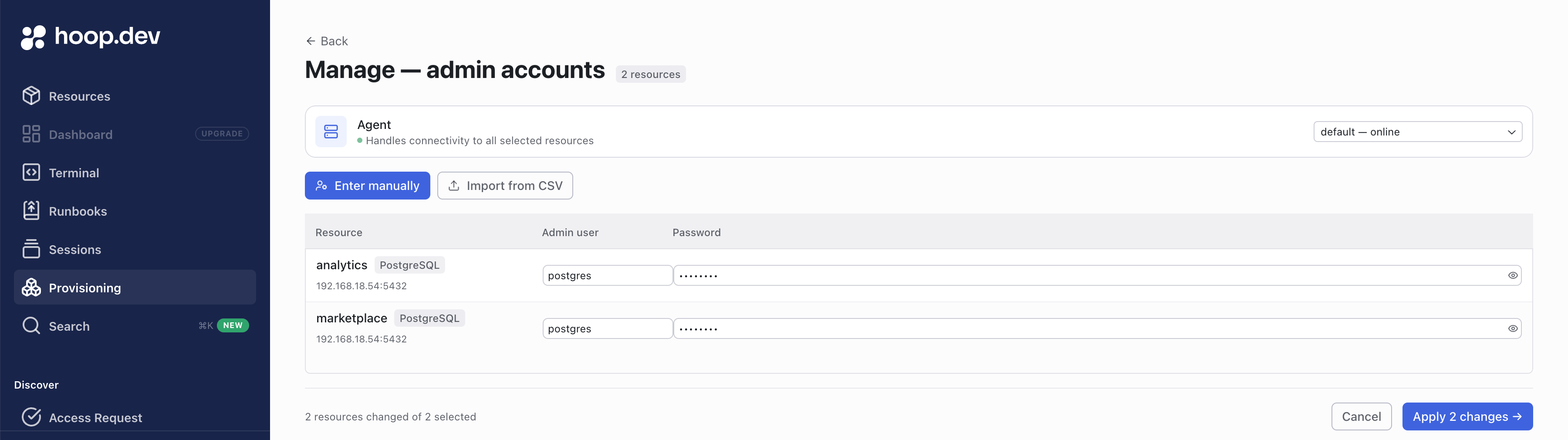 Manage admin accounts page with username and password fields