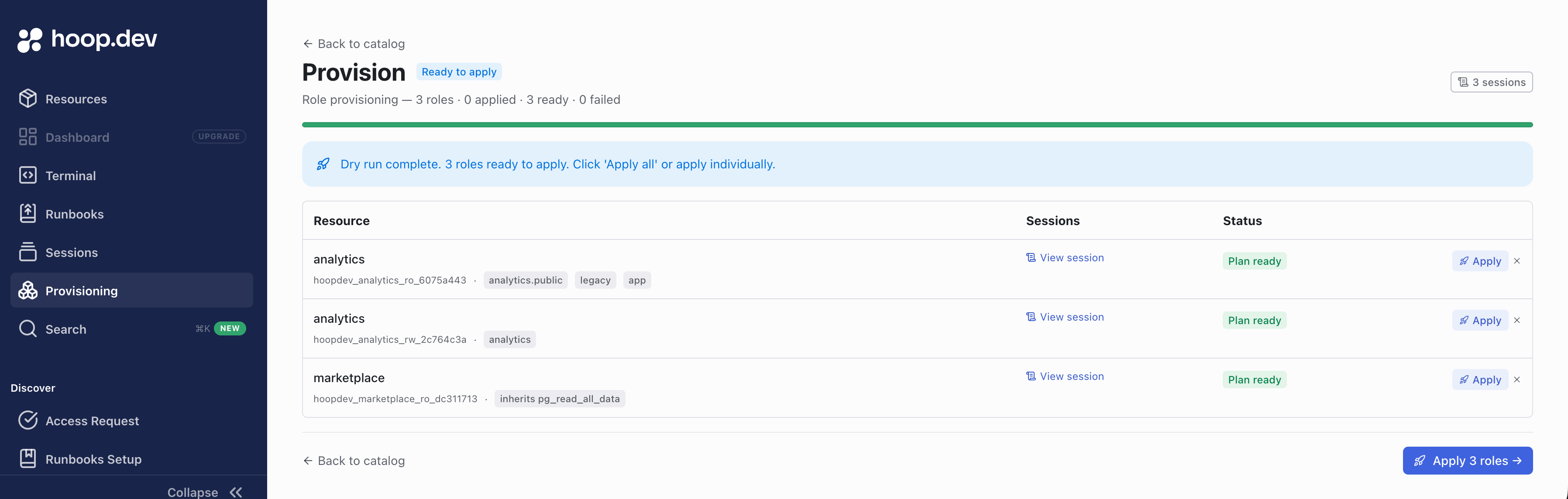 Provision screen showing 3 roles in Plan ready state