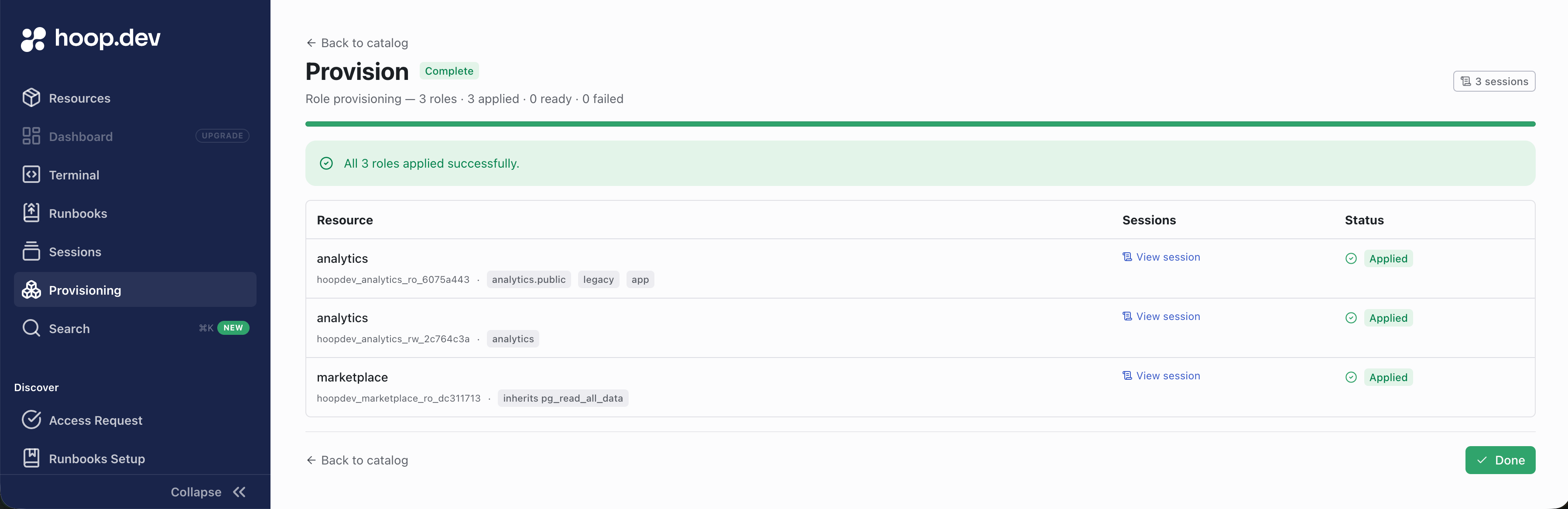 Provision screen showing all 3 roles applied successfully