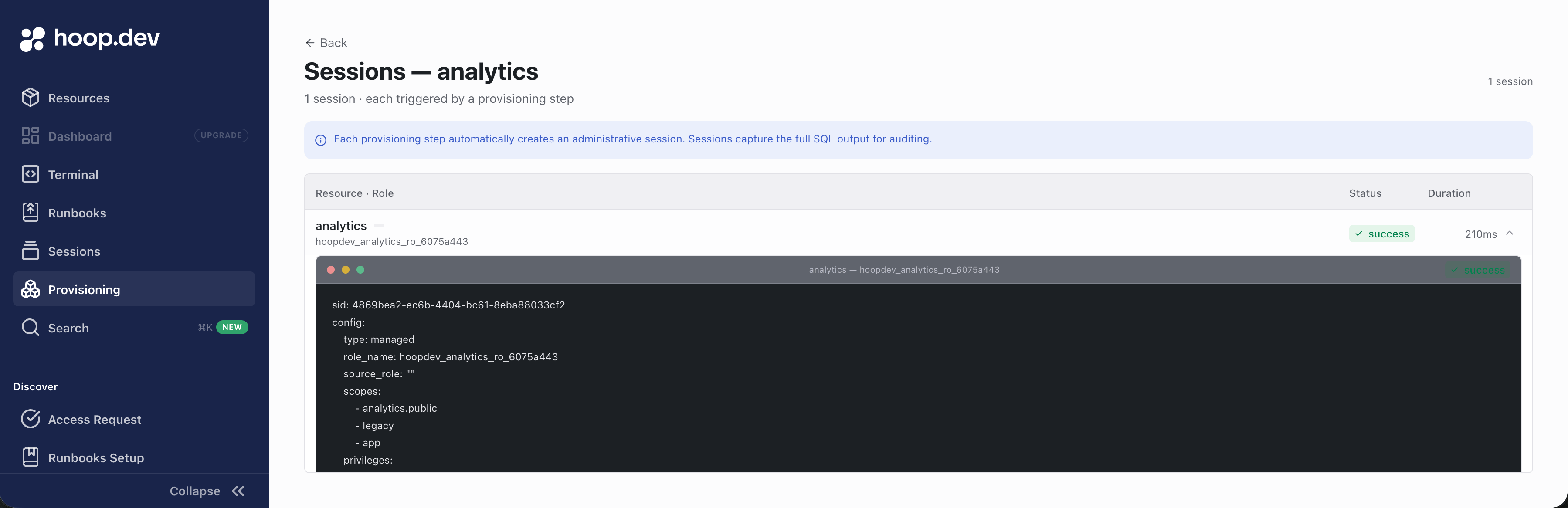 Session detail showing the YAML config and SQL output for the applied role