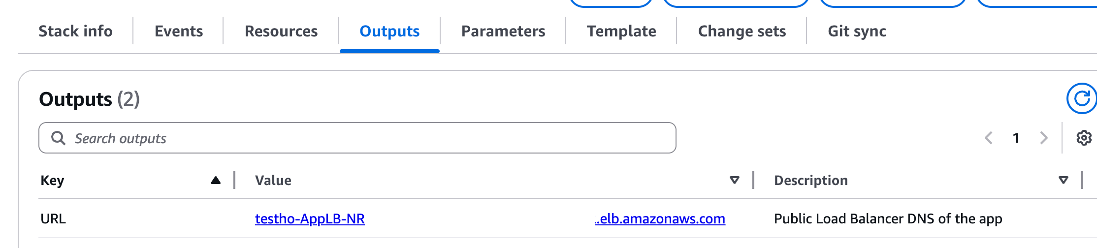 The stack outputs tab