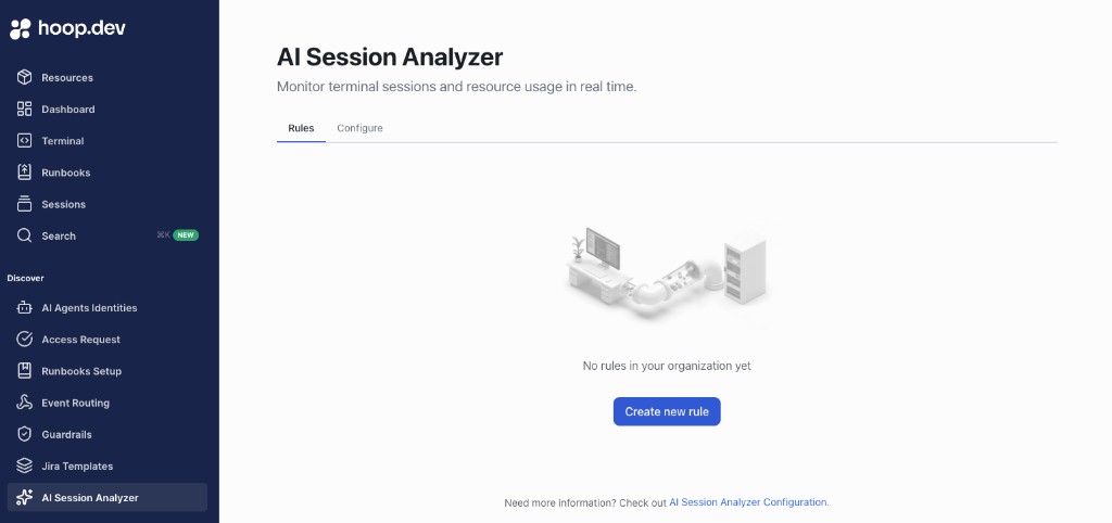 AI Session Analyzer Rules tab with the Create new rule button