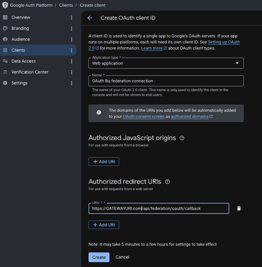 Create OAuth client ID form with Web application type, a name, and the authorized redirect URI pointing at /api/federation/oauth/callback