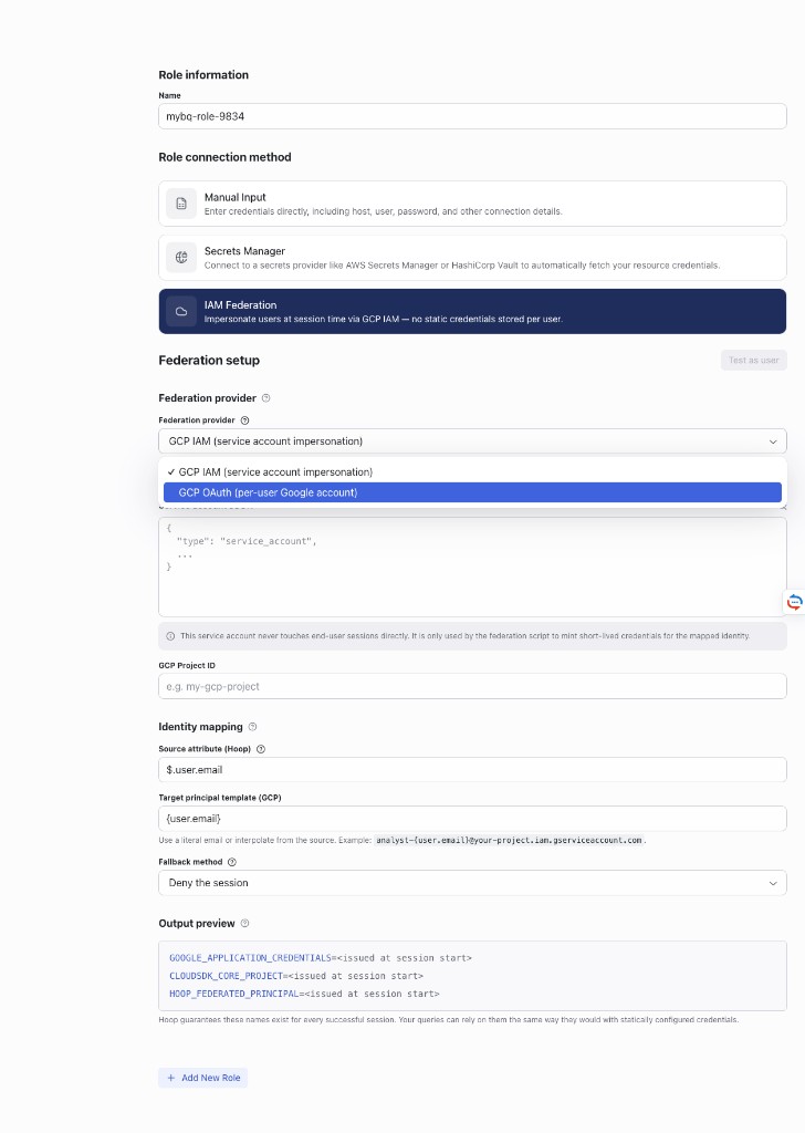Hoop connection form with IAM Federation selected and the Federation provider dropdown open, showing GCP OAuth (per-user Google account)