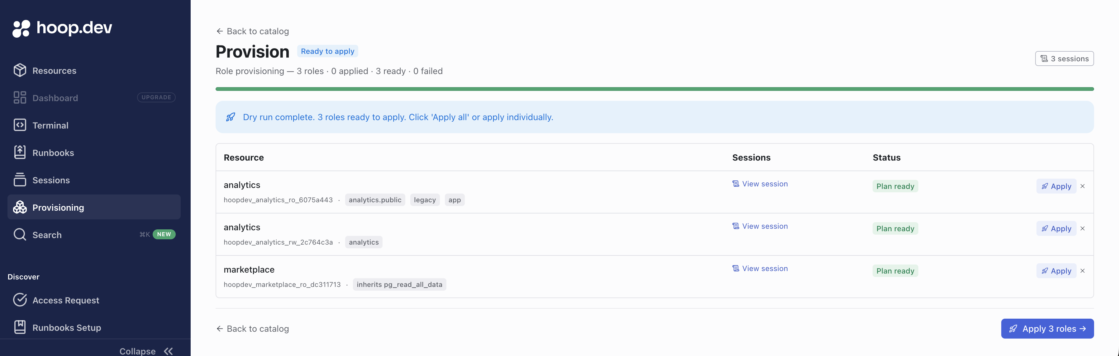 Provision screen showing 3 roles in Plan ready state