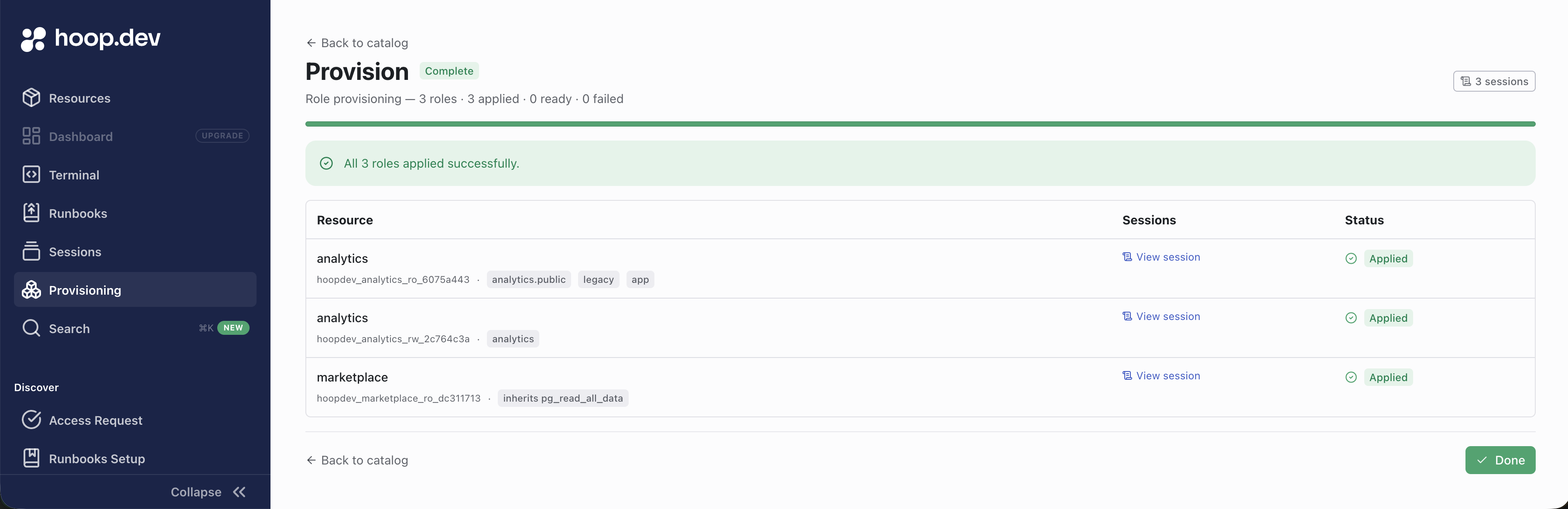 Provision screen showing all 3 roles applied successfully