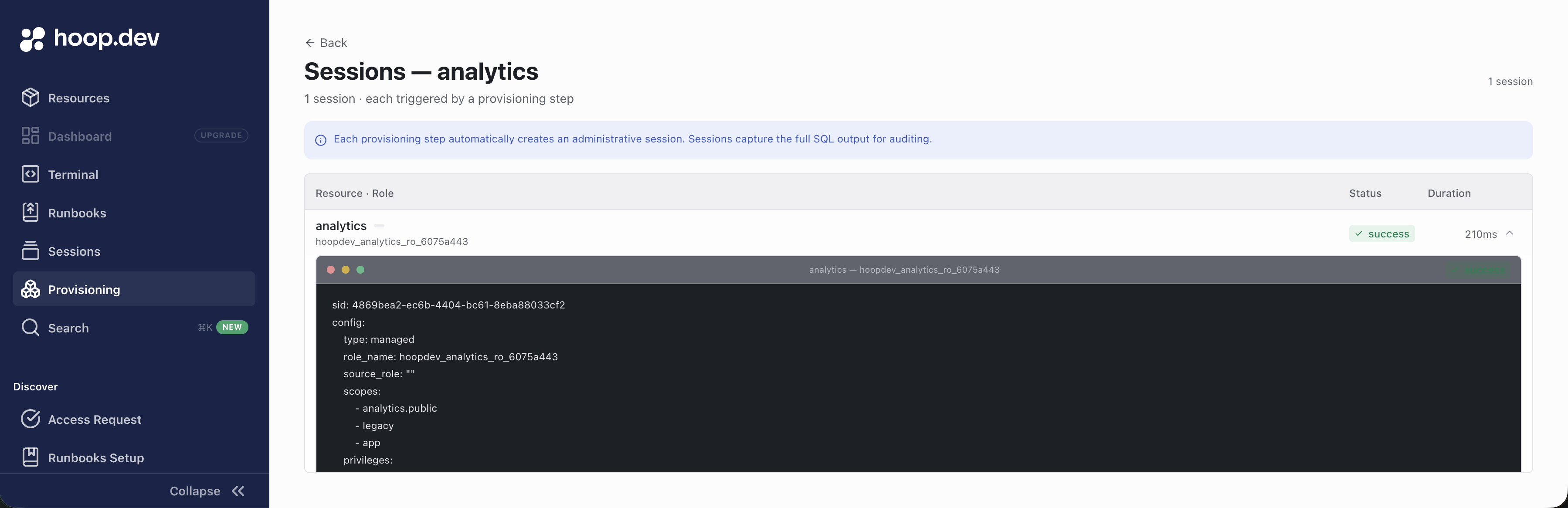 Session detail showing the YAML config and SQL output for the applied role