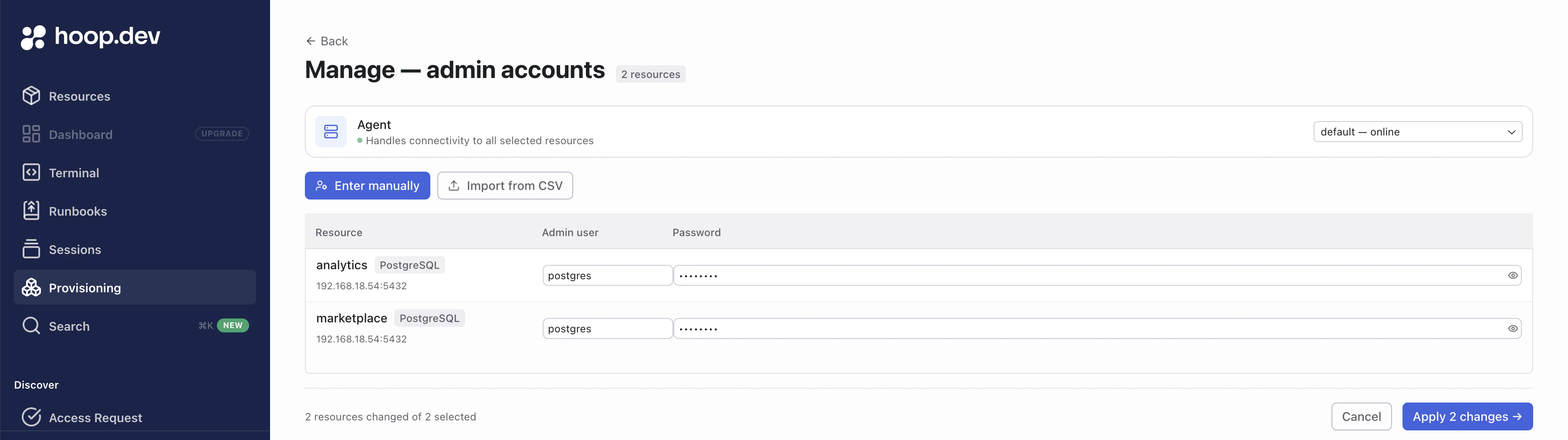 Manage admin accounts page with username and password fields