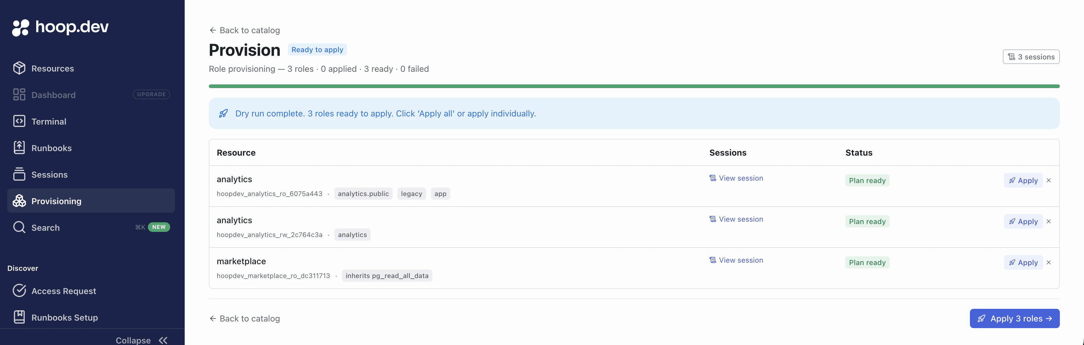 Provision screen showing 3 roles in Plan ready state