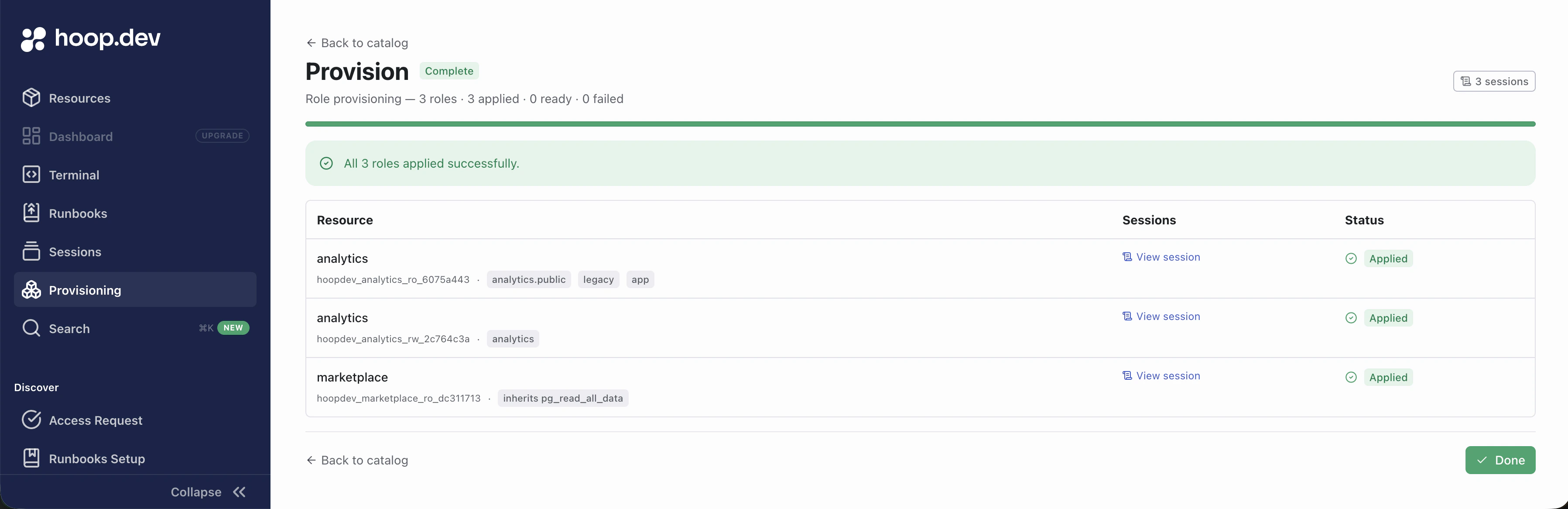 Provision screen showing all 3 roles applied successfully