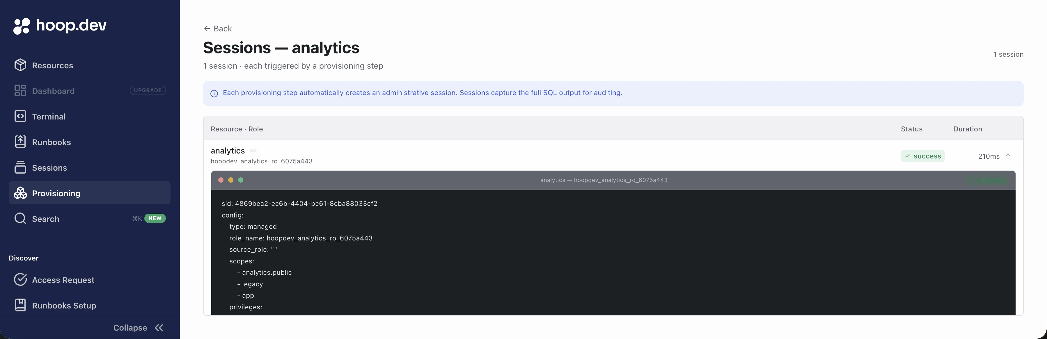 Session detail showing the YAML config and SQL output for the applied role