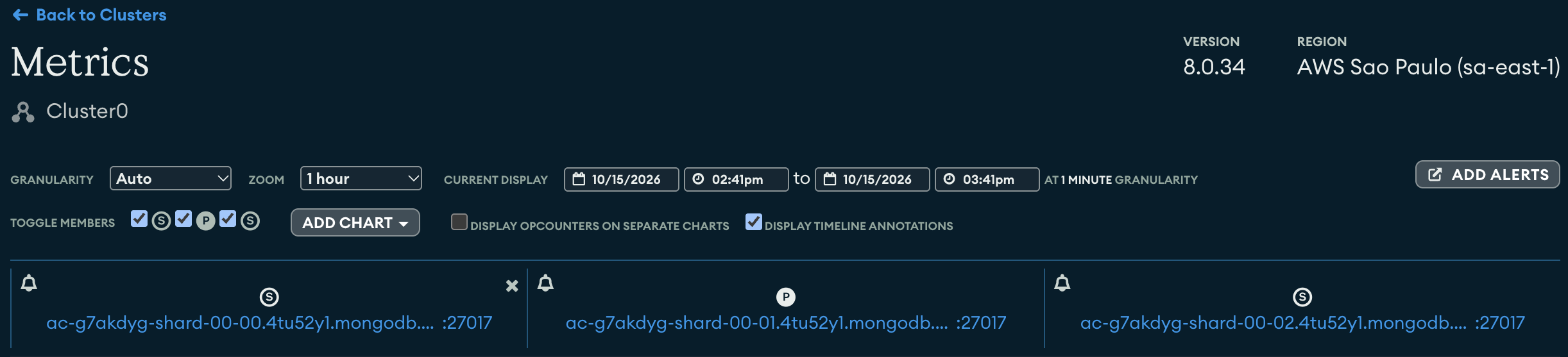 Atlas Metrics tab for Cluster0 with three members, the middle one marked P for primary