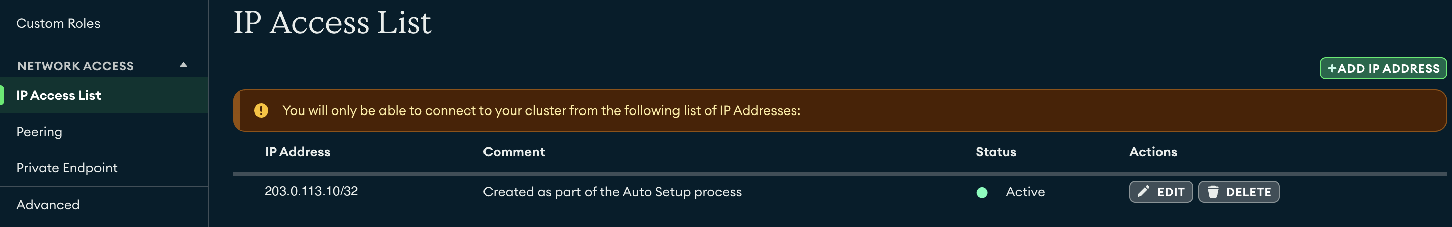 Atlas IP Access List with one IP address allowed
