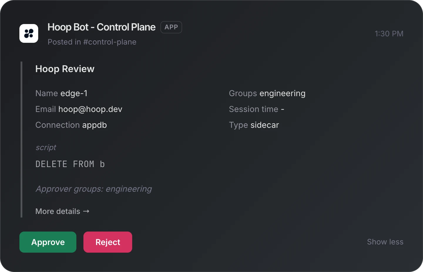 A Hoop Bot message in Slack showing a held DELETE statement on the appdb connection, with Approve and Reject buttons