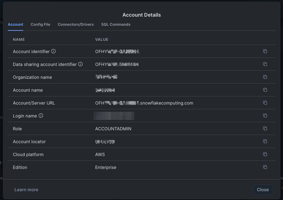 Snowsight Account Details panel with the account identifier, the account URL, the cloud platform and the edition